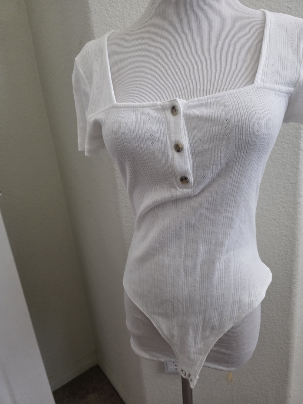 SO White Ribbed Square-Neck Bodysuit with Button Placket